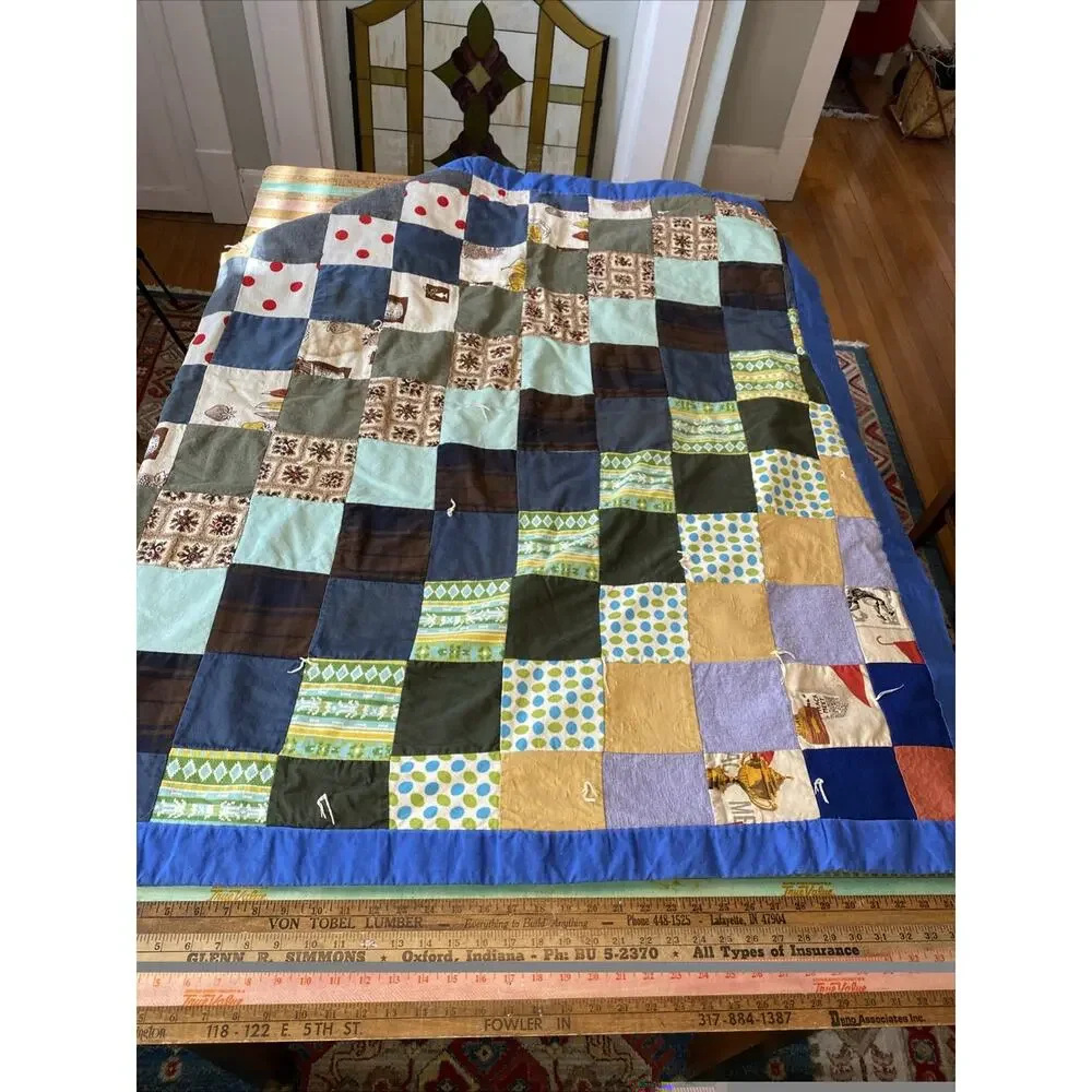 VINTAGE Handmade Patchwork Quilt Blanket Boho Hippie Cottage 70X 50 READ Flaw